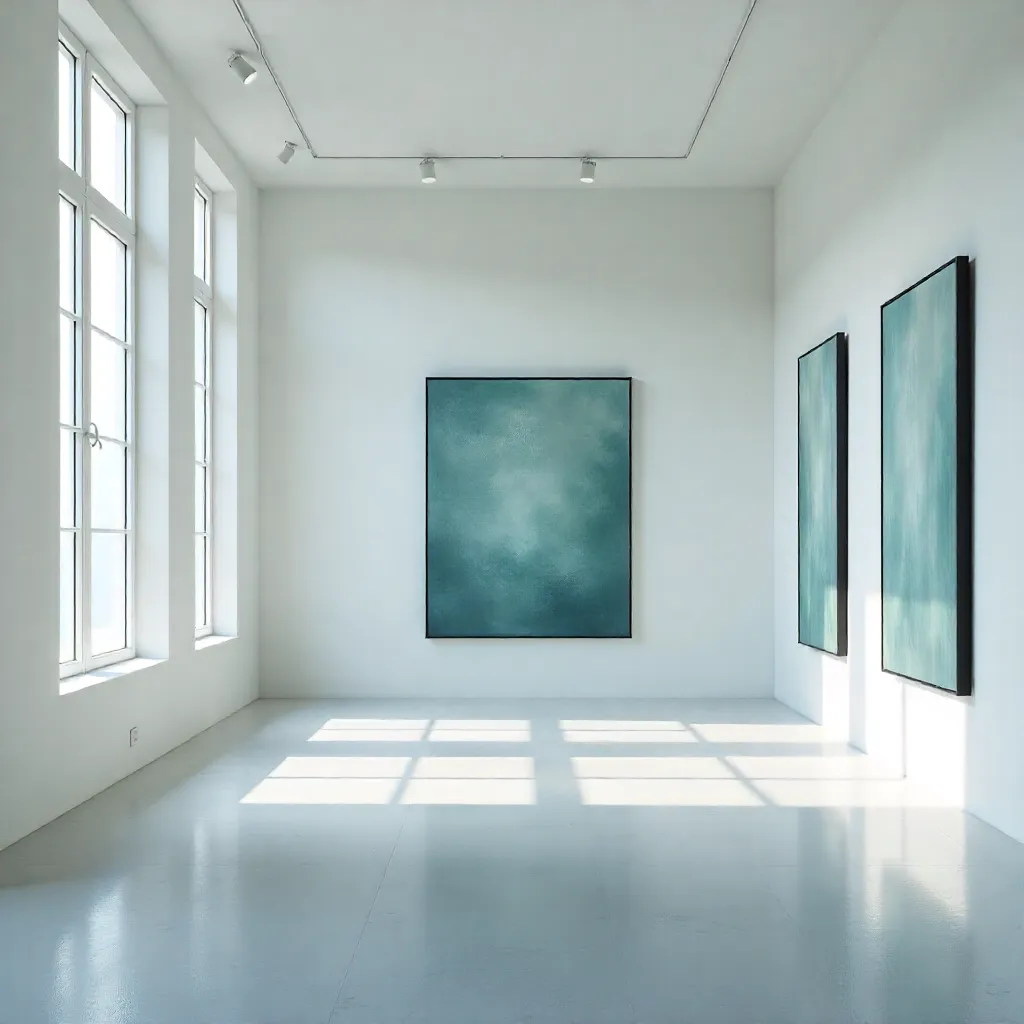 Bright minimalist gallery with large windows and natural lighting