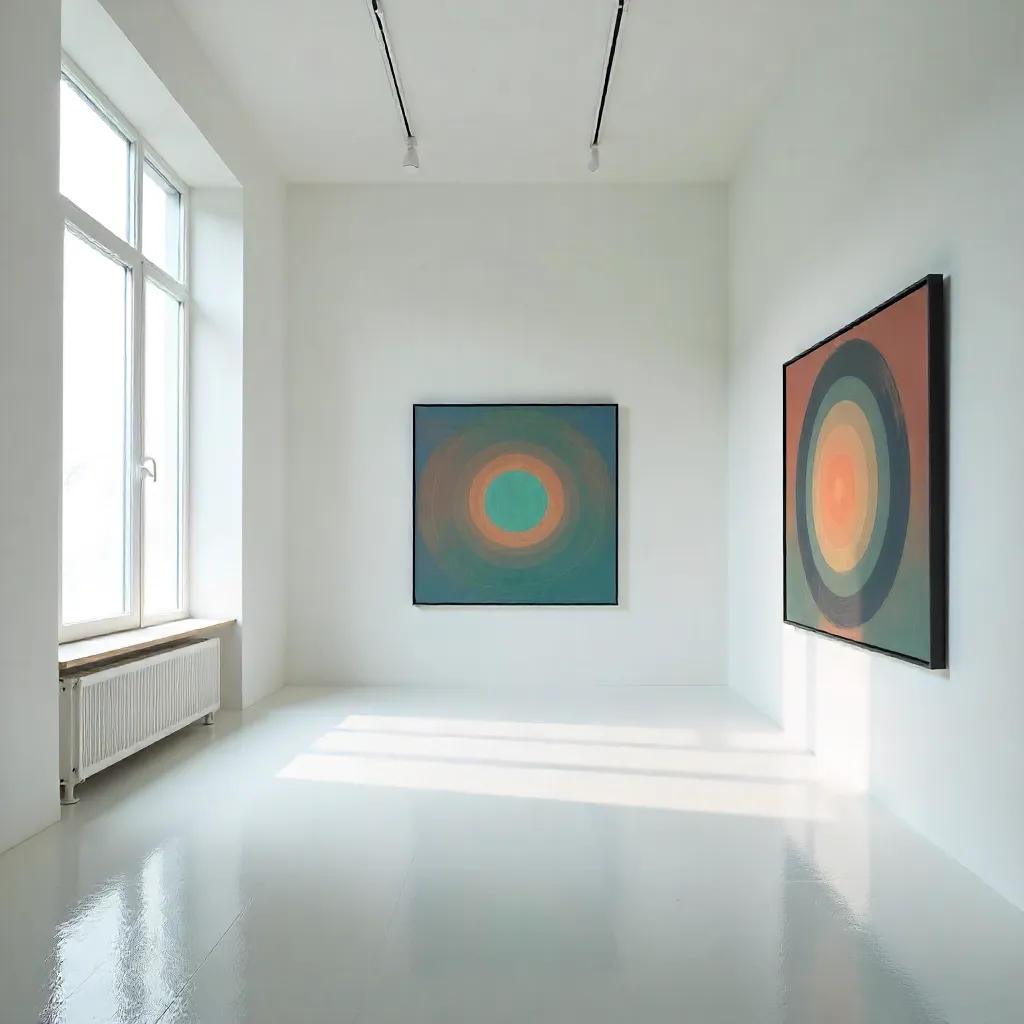 Minimalist gallery space with natural window lighting